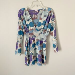 Vintage Y2K 2000s Size S Mesh V Neck Floral 3/4 Sleeve Top Stretchy Blue Purple